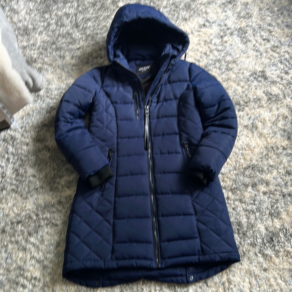 Guess long navy puffer coat